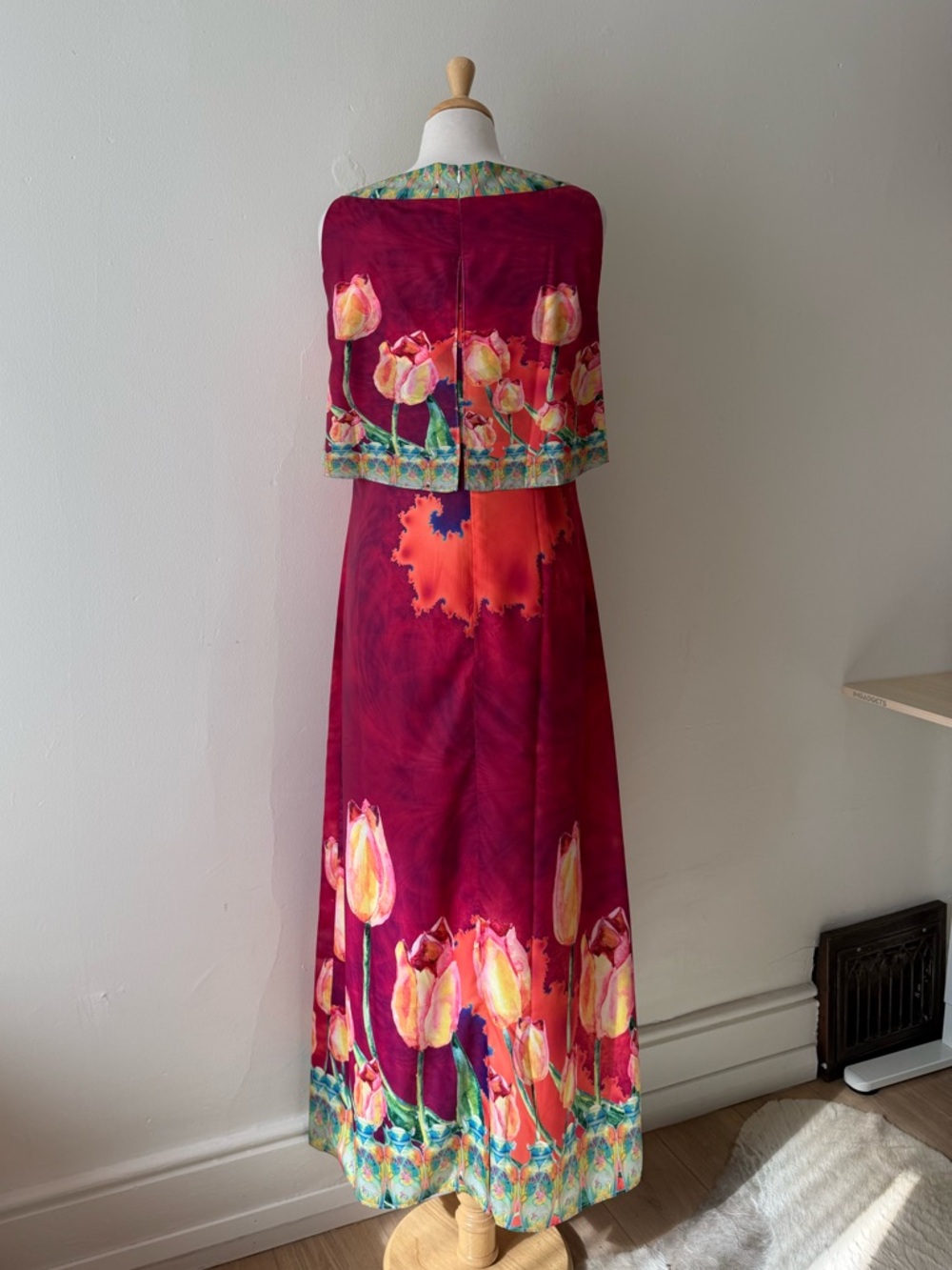 Mackenzie Mode Designer Watercolor Tulip Maxi Dress Cape Overlay Pink Floral - Picture 7 of 10